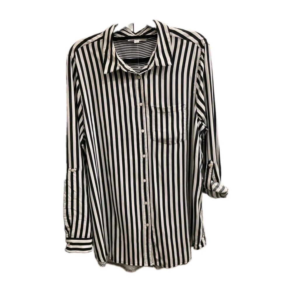 Jane + Delancey Black And White Striped Button Front Long Sleeve Top - SIZE XL